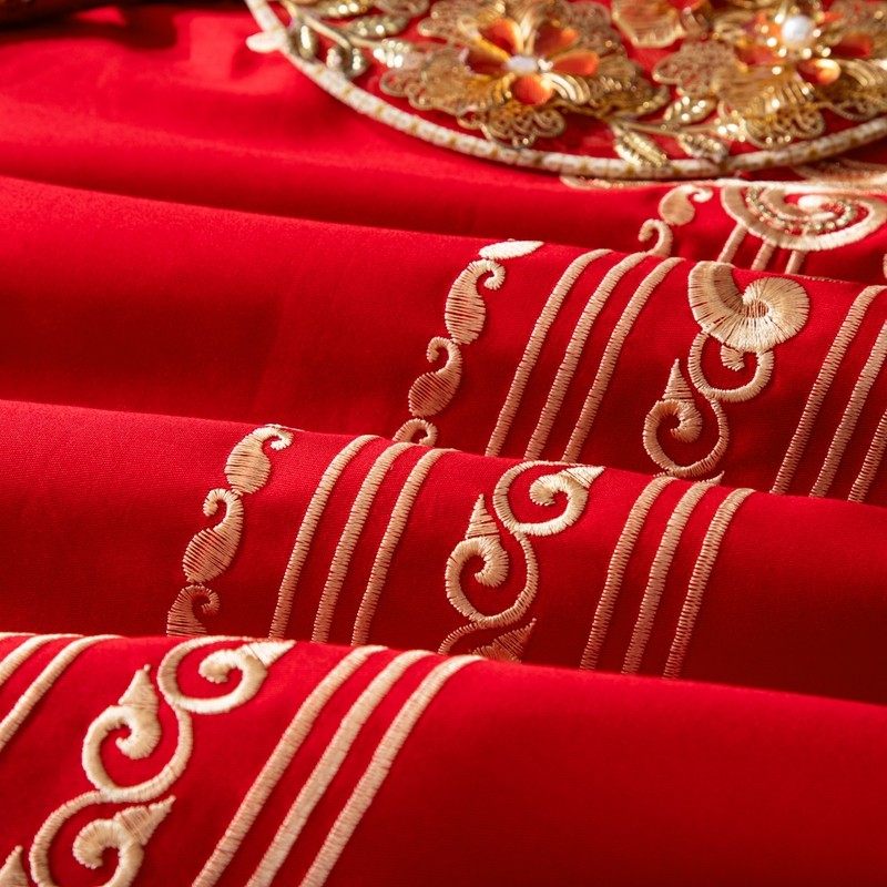 高档大气结婚婚庆四件套纯棉全棉大红色床单被套婚房喜被床上用品