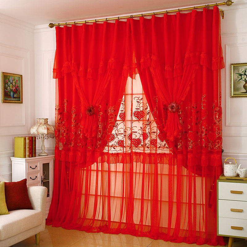 成品蕾丝浪漫喜庆大红色结婚婚房窗帘婚庆纱帘温馨卧室客厅遮光