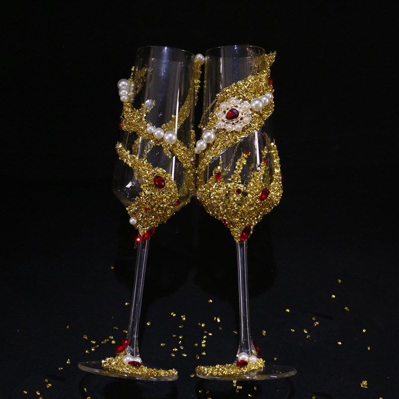 金色敬酒杯创意香槟杯碎钻珍珠婚礼酒杯新婚礼物送闺蜜diy材料包图片