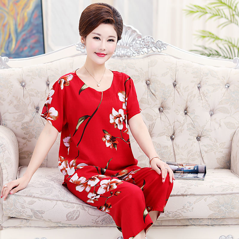 夏季睡衣女士纯棉绸短袖中老年人套装女款夏天全棉中年妈妈家居服