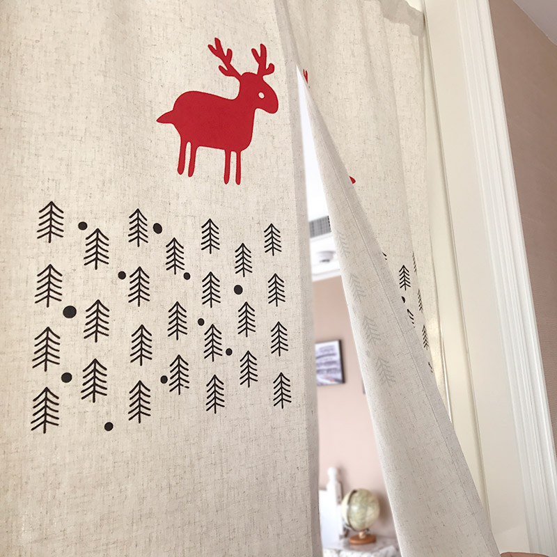 新品可定制 北欧树林和鹿清新布艺门帘 卧室书房厨房隔断半帘挂帘