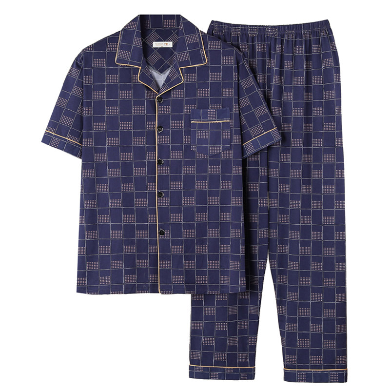 棉睡衣夏季薄款男士加肥加大码短袖长裤全棉家居服中老年爸爸套装