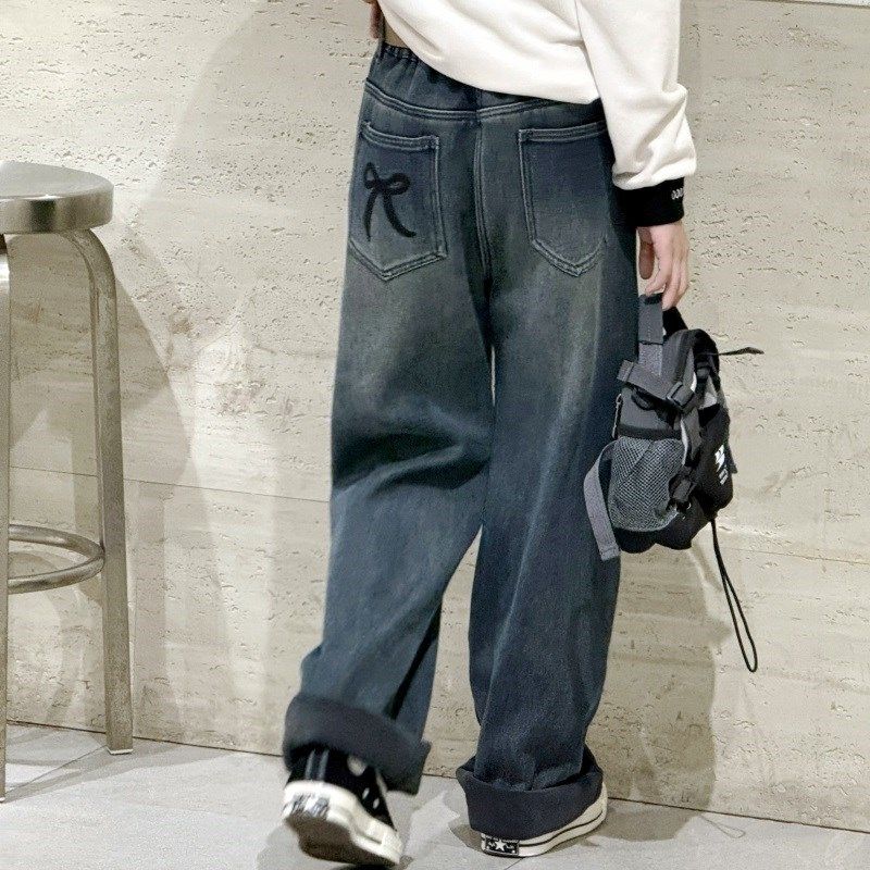 女童直筒牛仔裤加绒裤子一体绒2024秋冬新款中大童加厚阔腿裤儿童