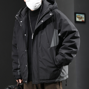 90白鸭绒撞色拼接连帽羽绒服男款冬季潮牌加肥加大码加厚保暖外套
