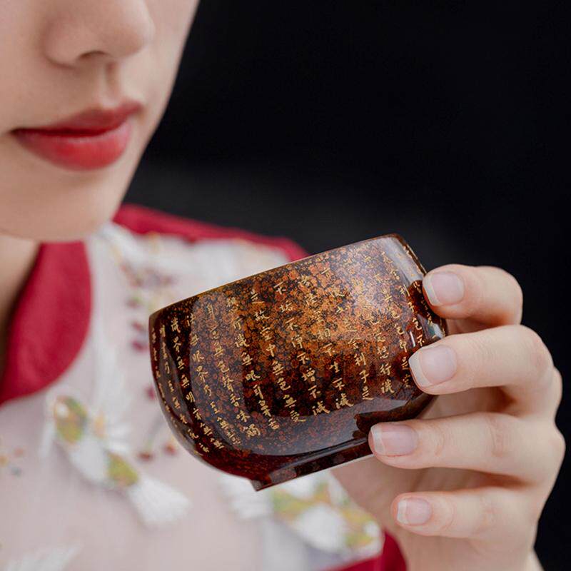 黄金茶杯复古大漆鎏金弘一法师主人杯纯金心经轻奢茶盏品茗杯中式