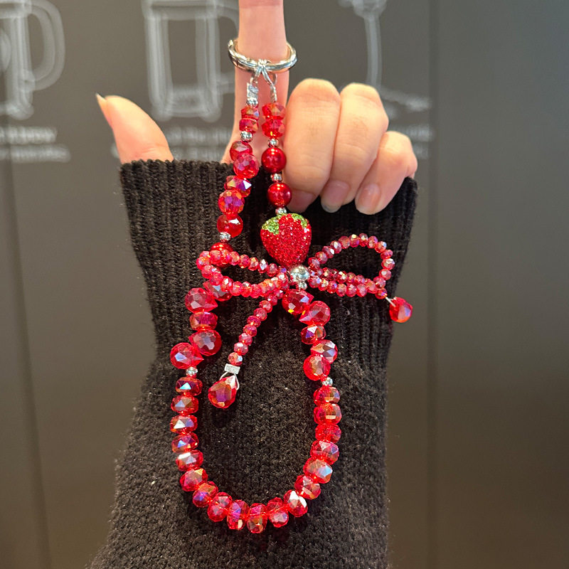 爆闪串珠手机链条蝴蝶结钥匙包包挂链人造水晶手机挂绳手腕款手链