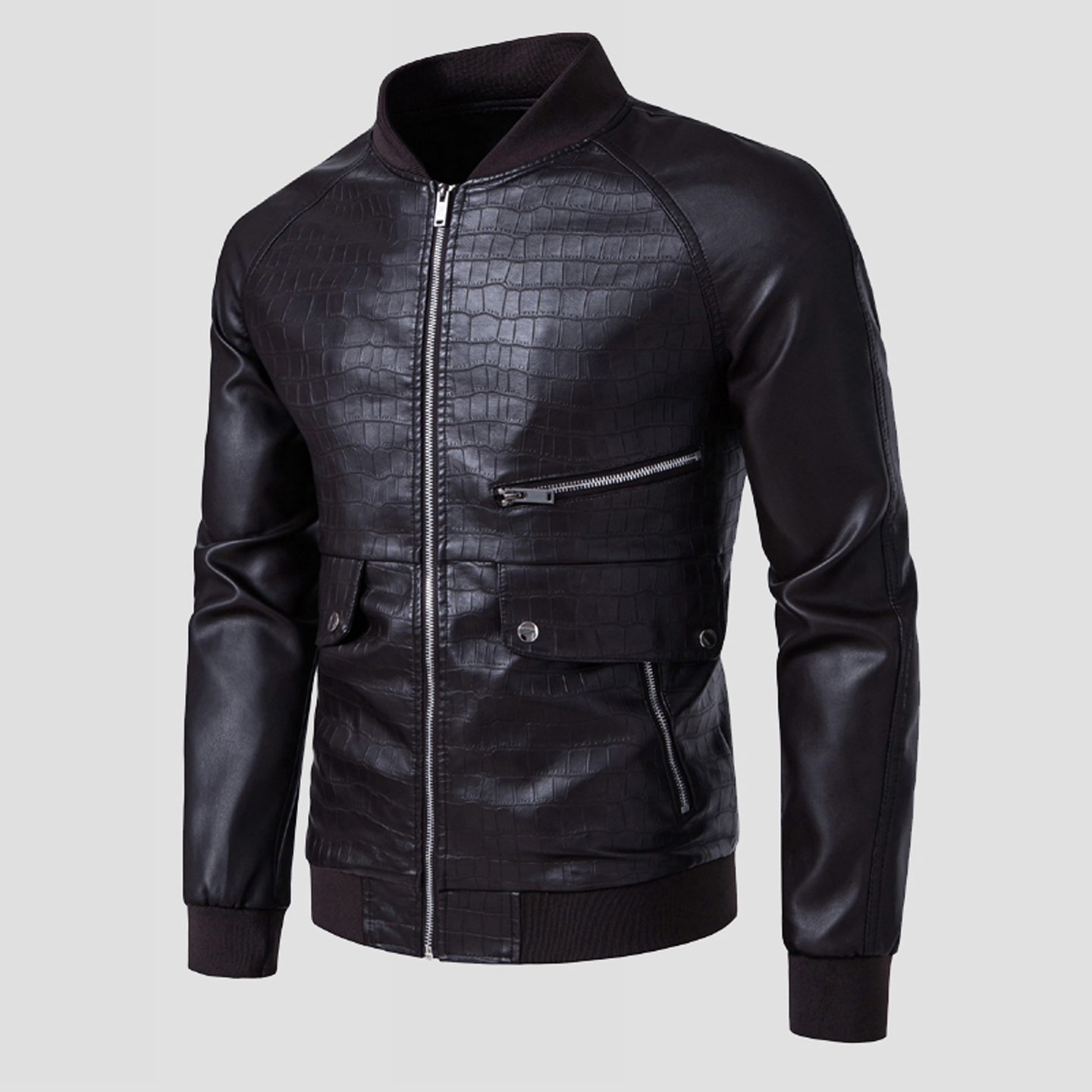 鳄鱼纹拼接插肩袖皮衣男工装拉链多口袋机车皮夹克棒球领春秋外套
