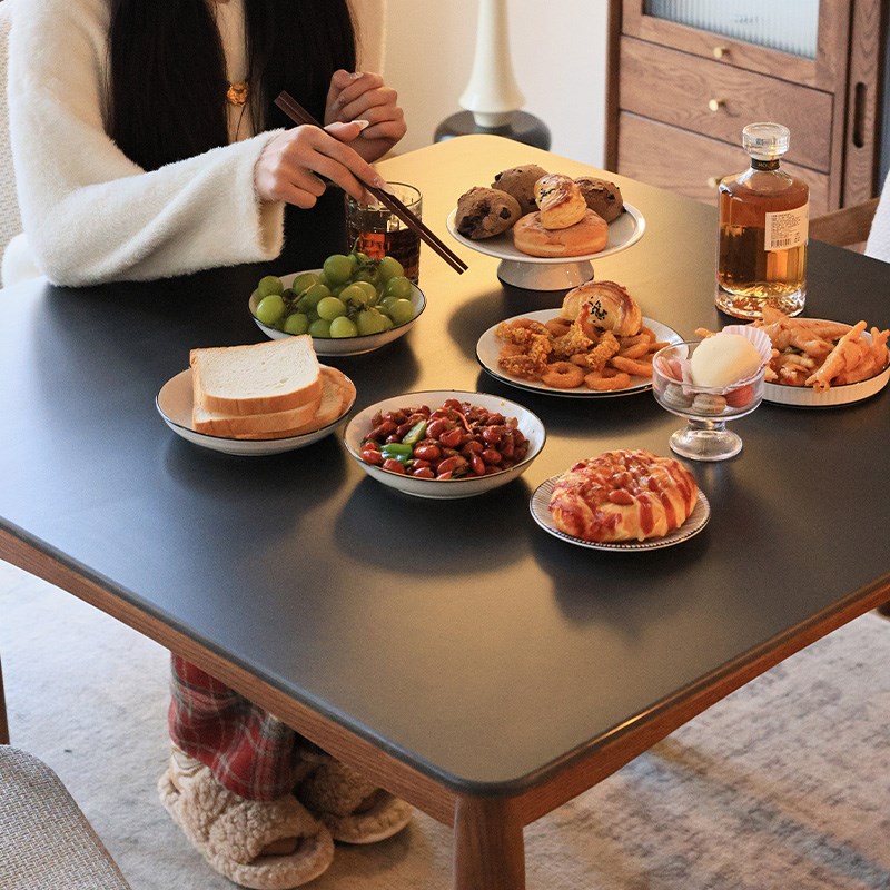 北欧实木岩板方桌橡木樱桃木日式简约正方L形餐桌胡桃木色大理石