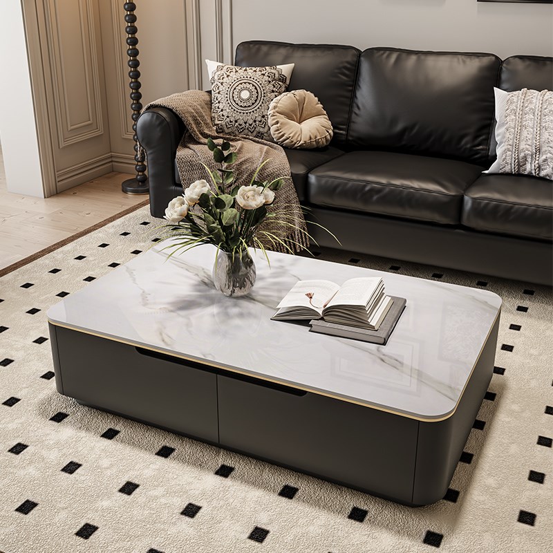 实木轻奢岩板g黑色长方形茶几现代简约大小户型客厅家用茶几高级