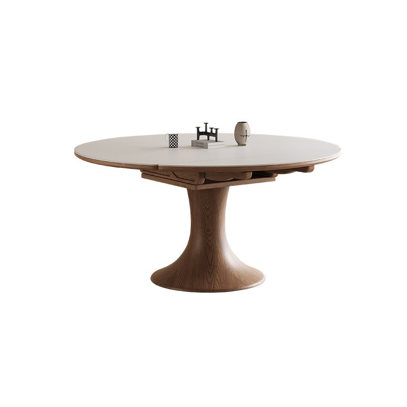 中古风实木高端胡桃色家用北欧轻奢高级H感圆形岩板餐桌2024新款