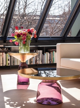 北欧设计师轻奢创意圆形玻璃彩色现J代客厅茶几简约网红边几