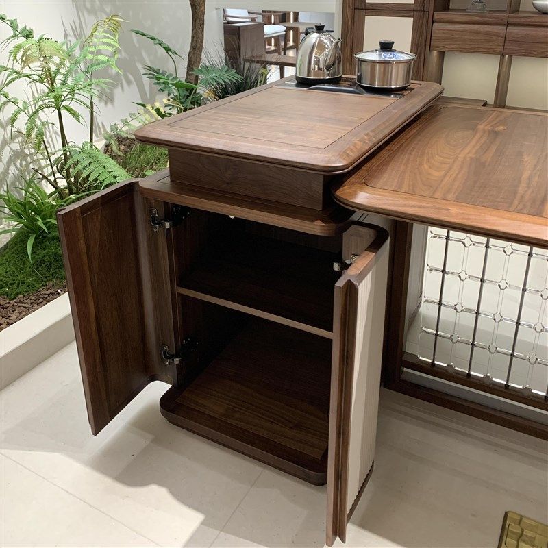 新中式北美黑g胡桃木茶桌椅组合实木轻奢烧水壶一体泡茶台办公家