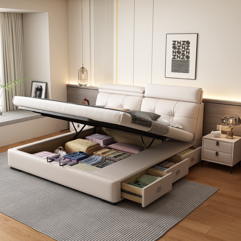 轻奢意式床主卧大床1米8储物双人床现代简约R1米5实木皮床婚床