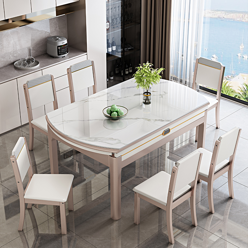 实木伸缩岩板餐桌椅组合家用小户型现代简约轻P奢折叠饭桌可变圆