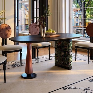 法式 中古家俱白蜡木椭圆形饭 覆古风家用黑色实木餐桌小户型E美式