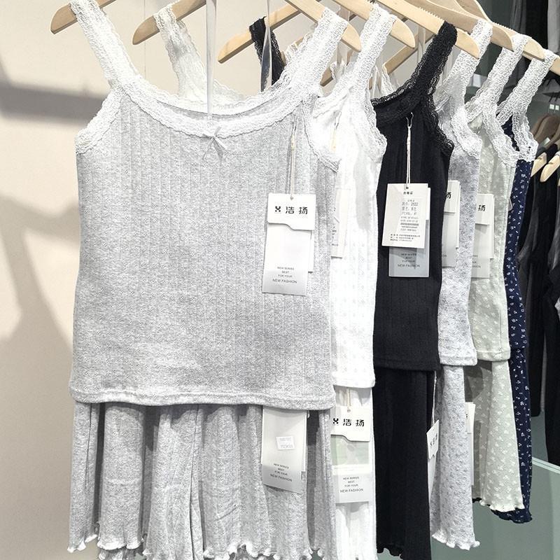 正品浩扬女款吊带背心短裤套装家居服睡衣纯棉碎花甜美少女打底