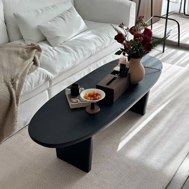 中古风实木茶几客厅家用小户型现代简约原木黑色长条W椭圆形茶几