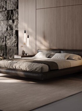 意式极简悬浮床2米x2p米2大床高端大气黑色真皮豆腐块轻奢主卧婚