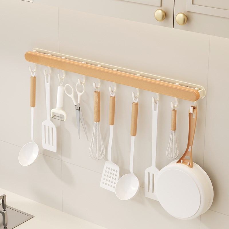 原木风厨房挂钩架免打孔锅铲子勺子置物J架墙壁挂钩式移动挂杆新