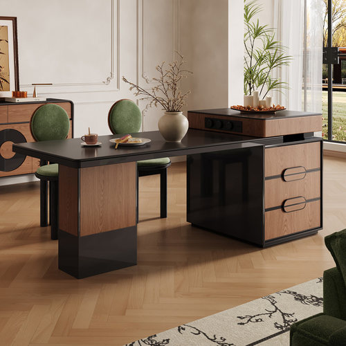 麟睿岩板岛台餐桌一体可伸缩家用中古风胡桃色厨房饭厅泡茶中岛台