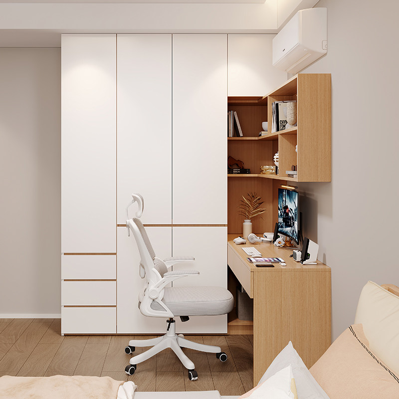 原木风衣柜带书桌一体儿童房卧室转角电脑桌家用学习桌书柜组合