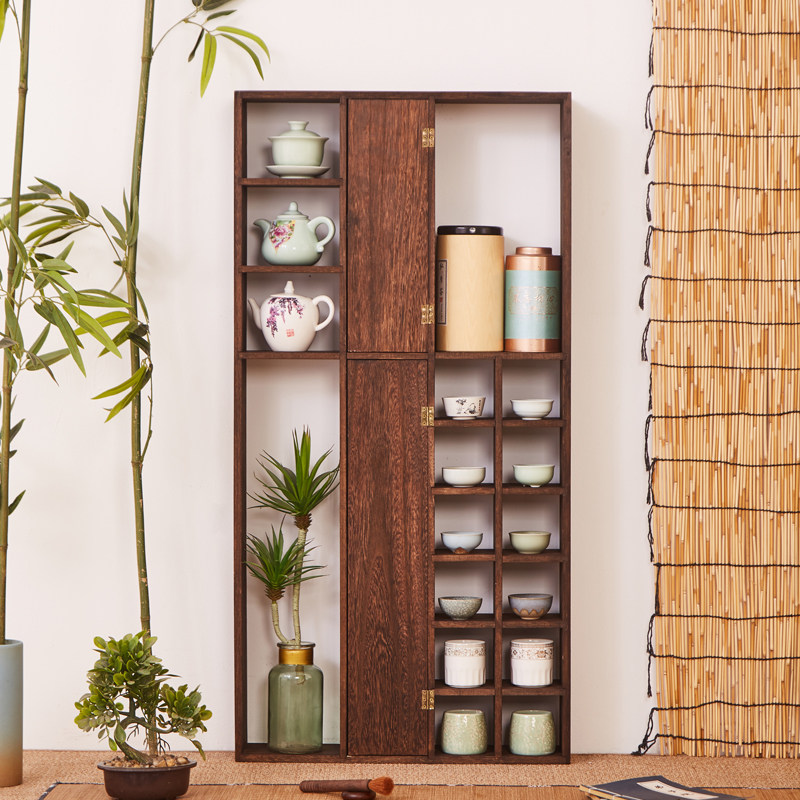 烧桐木博古架实木中式茶杯架壁挂式茶具置物架墙上隔断收纳架客厅