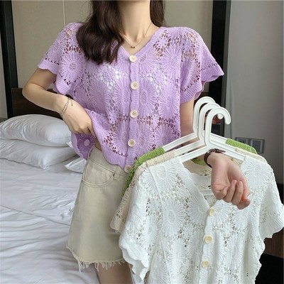 开衫小披肩针织女外套短袖薄夏罩衫上衣短款镂空的外搭配吊带裙子