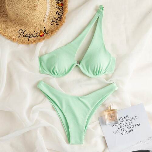Solid one shoulder open back split swimsuit纯色单肩分体泳衣