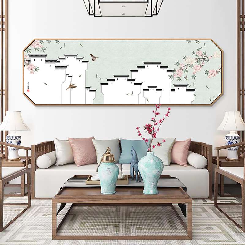 徽派建筑新中式客厅装饰画茶室沙发背景花鸟挂画卧室床头横版墙画图片