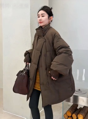 欧货纯色立领中长款羽绒服女2025冬季新款高级感保暖白鸭绒外套潮