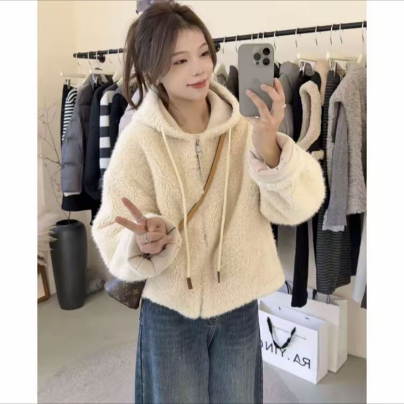 韩系连帽抽绳羊羔毛外套女2025秋冬新款时尚休闲保暖皮毛一体上衣,女装/女士精品,短外套,淘宝优惠券,粉丝福利购,淘宝优惠卷