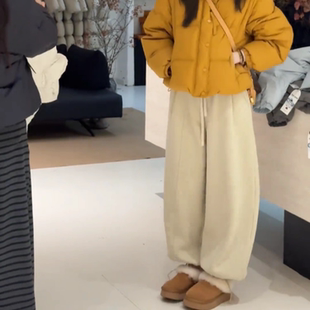 加绒卫裤糯米裤子女冬加厚阔腿裤2025新款韩系休闲宽松束脚运动裤