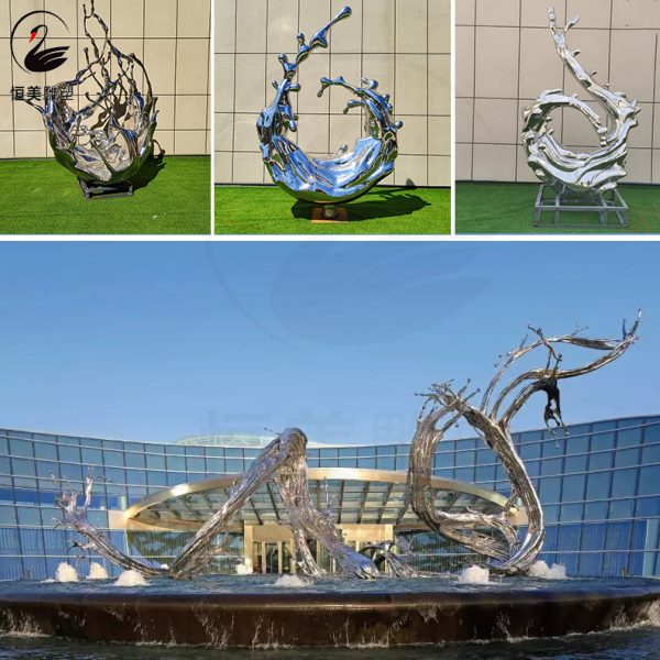 不锈钢浪花雕塑大堂水花装饰镂空异形水景抽象新创意艺术品水幕墙