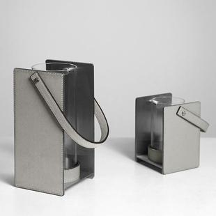 简约轻奢手提皮革金属花器样板房间销售中心柜台家居装 饰花瓶摆件