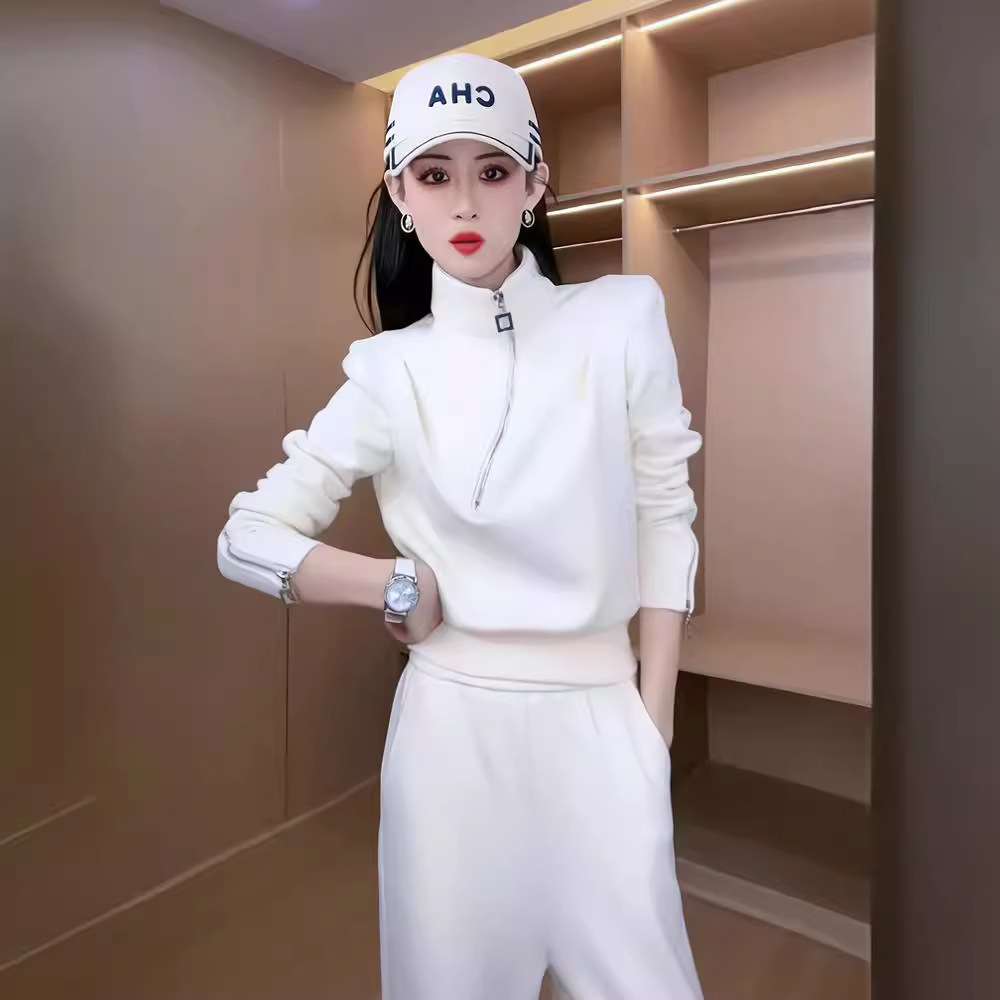 个性设计时尚套装女秋季立领侧拉链上衣高腰阔腿裤两件套百搭