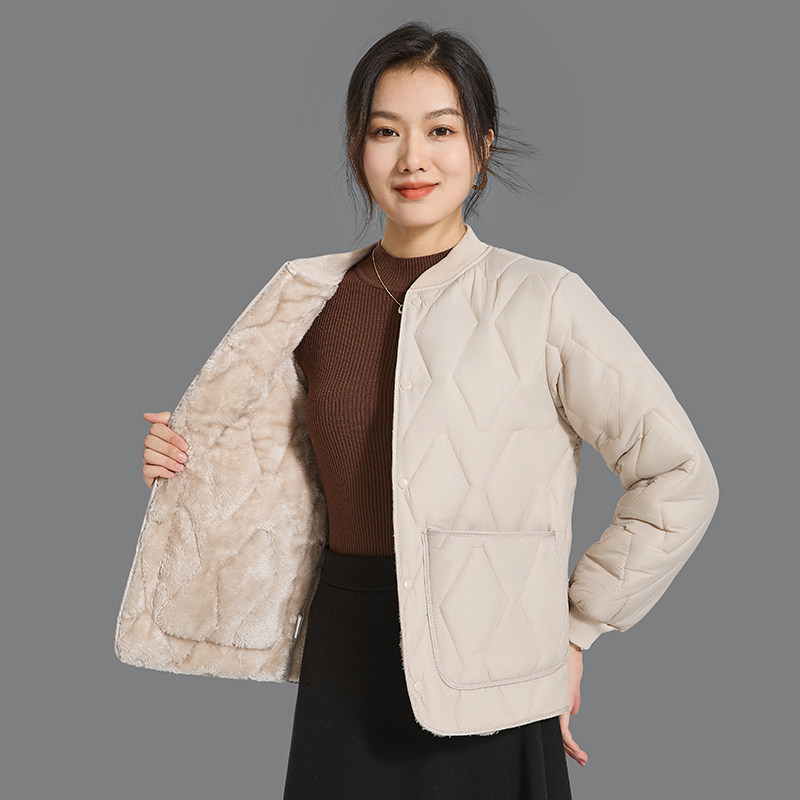 2025秋冬羽绒棉袄女加绒棉衣纯色轻薄棉服加厚保暖内胆罗纹领外套