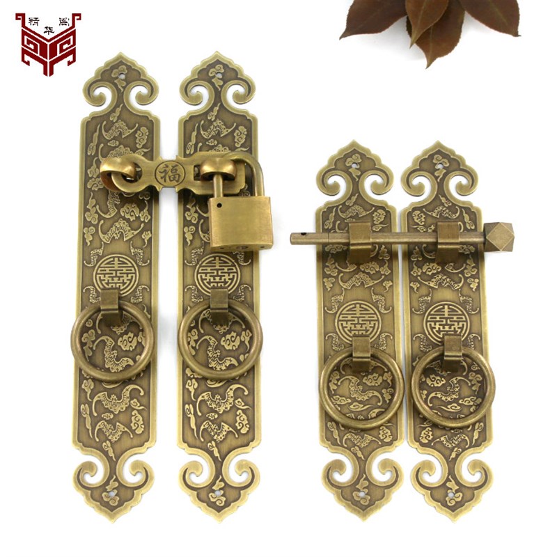 纯铜仿古拉手中式纯铜锁扣插销柜门拉手民宿大门把手老式木门锁扣