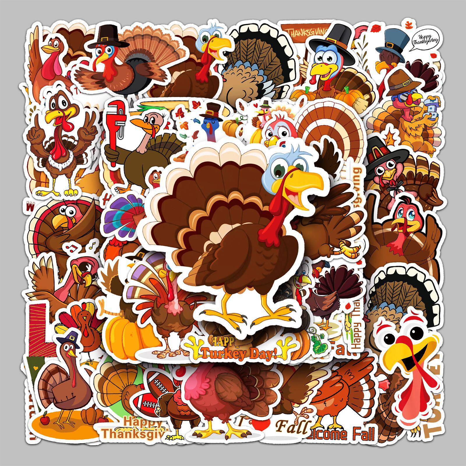 50张火鸡卡通动物儿童贴纸感恩节手账本手机水杯咕卡防水派对装饰