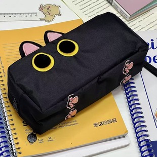 2024新款 高颜值大学生用黑色喵小豆毛绒铅笔袋猫咪 文具袋女孩版