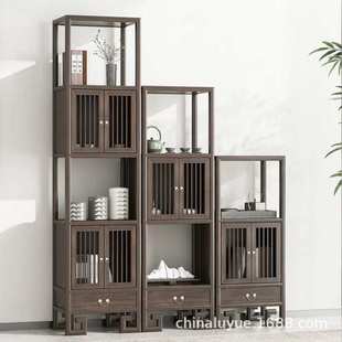 新中式书架禅意实木组合置物架木书柜展示柜高低柜免漆博古架