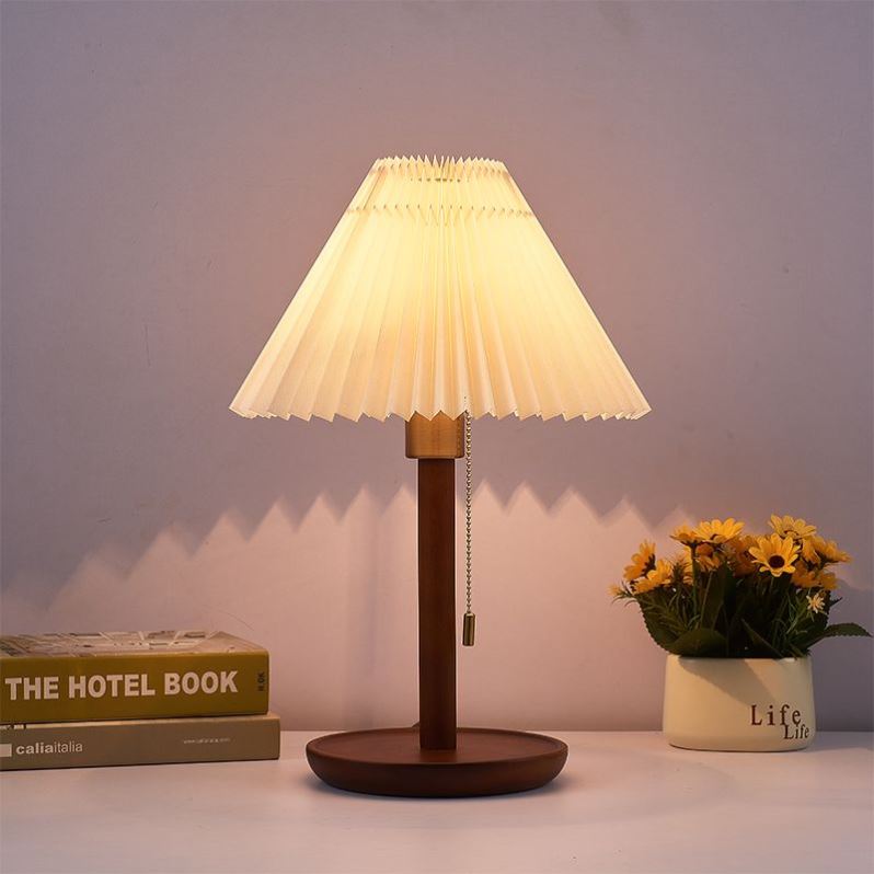 复古美式胡桃木色卧室床头台灯手工编织百褶灯罩书桌台灯ins风
