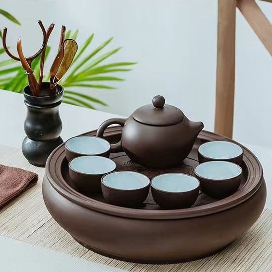 紫砂功夫茶具套装家用简约圆形茶盘茶壶茶杯泡茶干泡台茶台整套