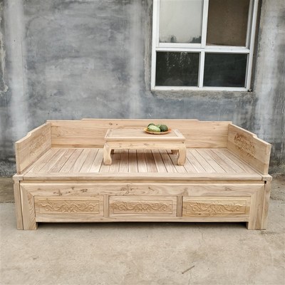 榆木罗汉床白茬白坯实木仿古沙发新中式床家具白茬白胚抽屉