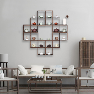 烧桐木小博古架实木中式挂墙壁置物架多宝阁茶具茶室收纳架阶梯架