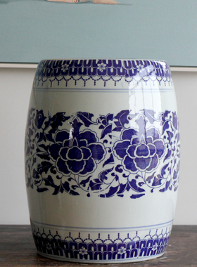 陶瓷手绘青花瓷换鞋凳鼓凳梳妆凳子新中式仿古鼓墩坐墩矮凳圆凳