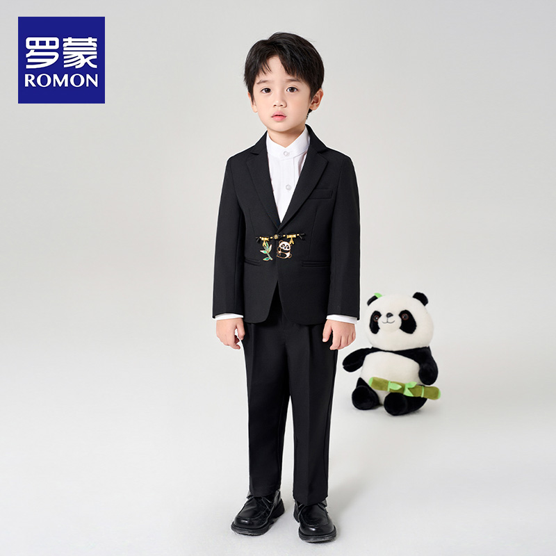 罗蒙儿童西装套装男童中式熊猫主持人花童礼服男孩西服钢琴演出服