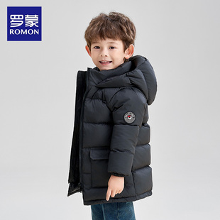 罗蒙童装儿童羽绒服黑色中长款冬季加厚2025新款男童保暖外套洋气