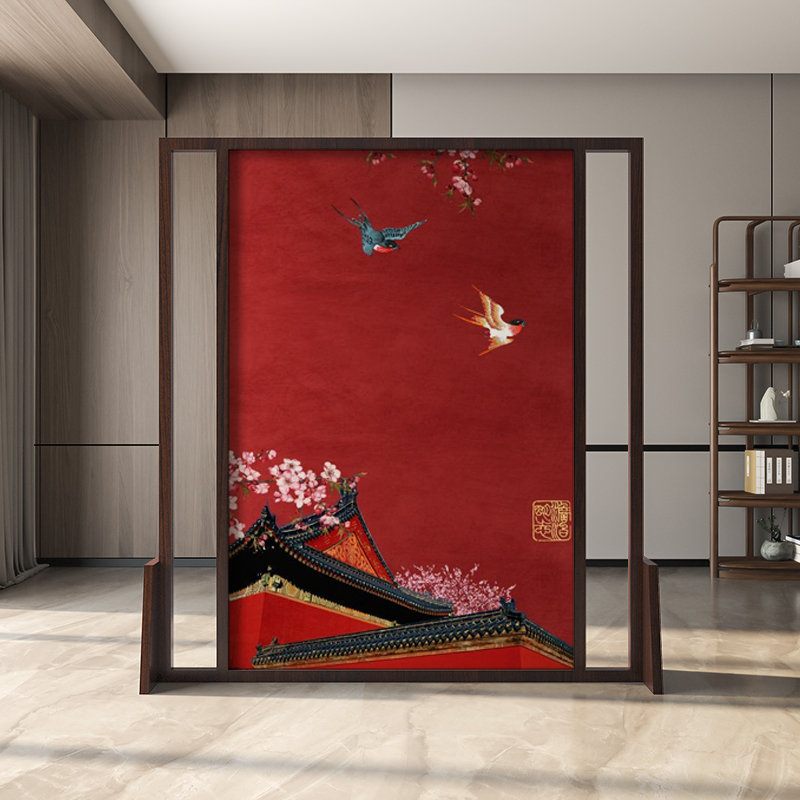 新中式实木屏风隔断客厅茶室进门玄关装饰遮挡屏障中国红移动座屏