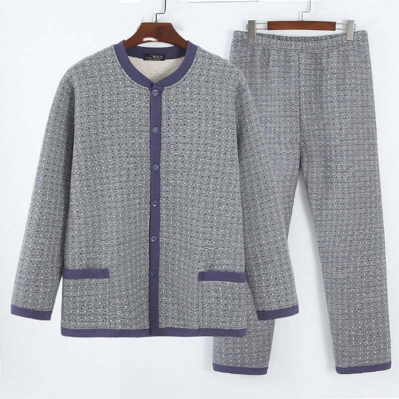 中老年纯棉三层保暖内衣开衫套装男老人秋冬夹棉圆领宽松家居服厚