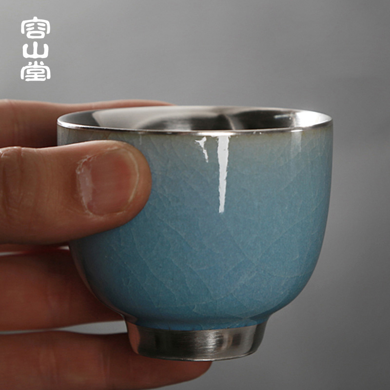 容山堂固德陶瓷鎏银茶杯钧瓷哥窑品茗杯主人杯单杯碟套装功夫茶具